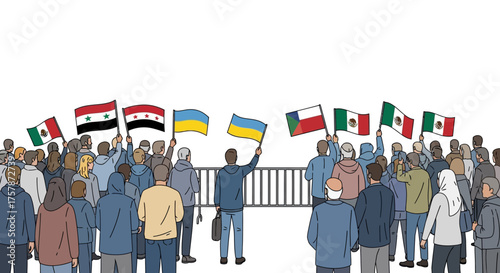 Crowd with Flags Mexican, Syrian, Ukrainian, and More - Unity and Protest Theme