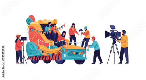 Professional Crew Filming Vibrant Parade Float with Camera and Lights, Capturing Festive Celebration Moments for Broadcast Content