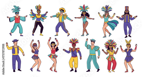 Carnival Dancers Illustration - A Festive Collection of Performers in Colorful Costumes