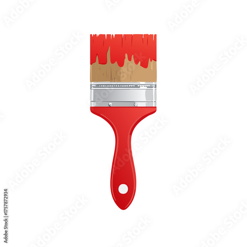 Wide paintbrush with a red handle dipped in red paint vector art illustration