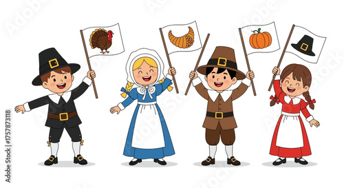 Obraz na plátně Thanksgiving Day Adorable children dressed as pilgrims waving flags with festive