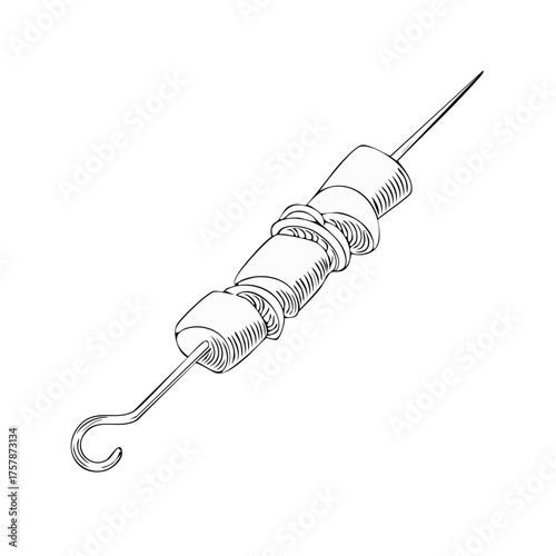 Skewered food illustration, black and white outline, kebab or shashlik, isolated object
