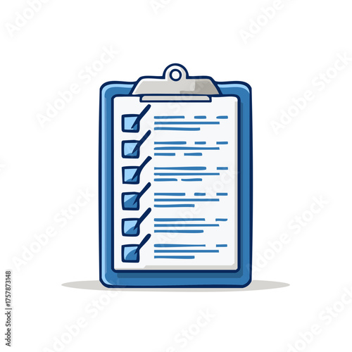Checklist on blue clipboard icon illustration, tasks completed and ready