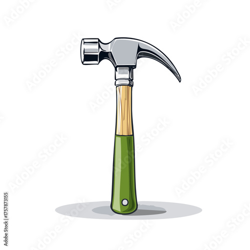 Illustration of a classic claw hammer with a wood and green handle, tool for construction and DIY