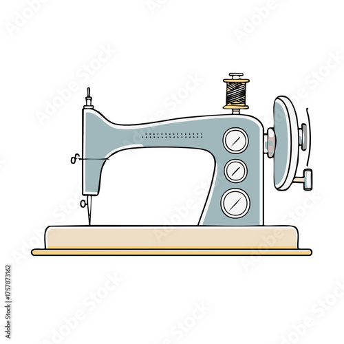 Vintage Blue Sewing Machine Illustration with Spool of Thread Detailed Design for Fashion or Craft Projects