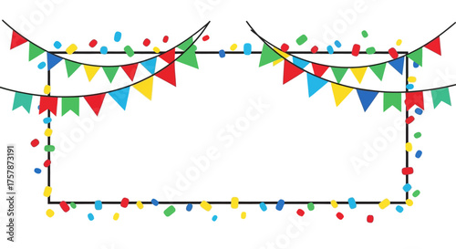 Festive Rectangular Frame with Colorful Bunting and Confetti for Celebrations