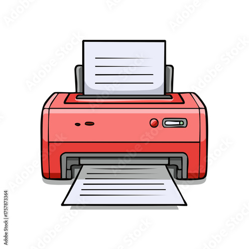 Cartoon illustration of a red printer with paper coming out of it for printing documents and paperwork
