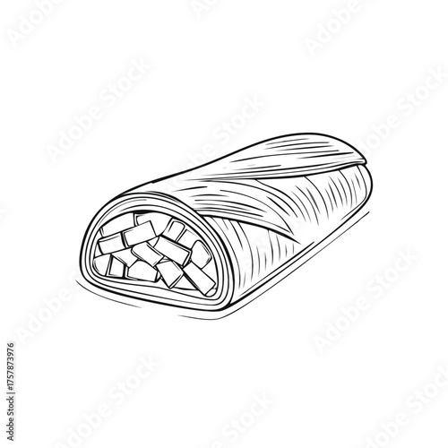 Illustrated graphic of a rolled burrito, showcasing fillings and food illustration