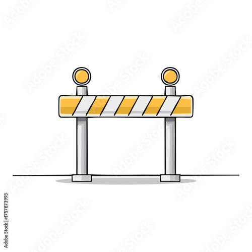 Cartoon construction roadblock illustration with warning lights. Hand drawn traffic barrier with caution stripes.