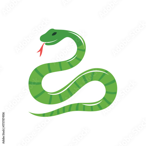 Stylized Green Snake Illustration with Red Tongue Curled with Dark Green Stripes on White Background
