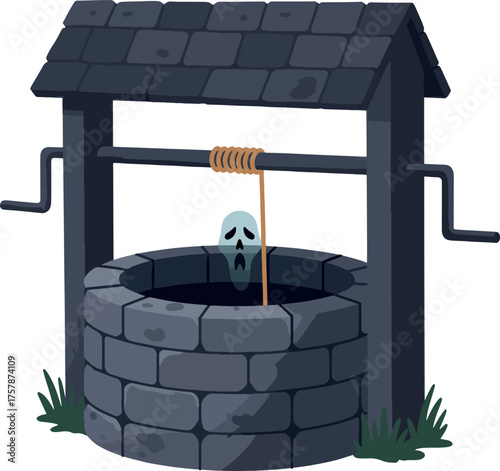 Dark Haunted Well with Skull and Rope in Creepy Style