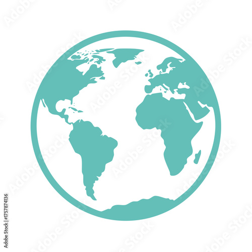 Simple turquoise earth globe icon showing continents of America and Africa for global illustration