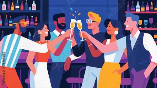 Illustration Of Group Of Friends Making A Toast With Champagne At A Celebratory Gathering In A Stylish Bar Vector Design Template