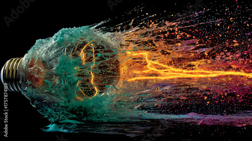 Exploding light bulb bursts with vibrant liquid energy, showcasing innovation and dynamic creative power