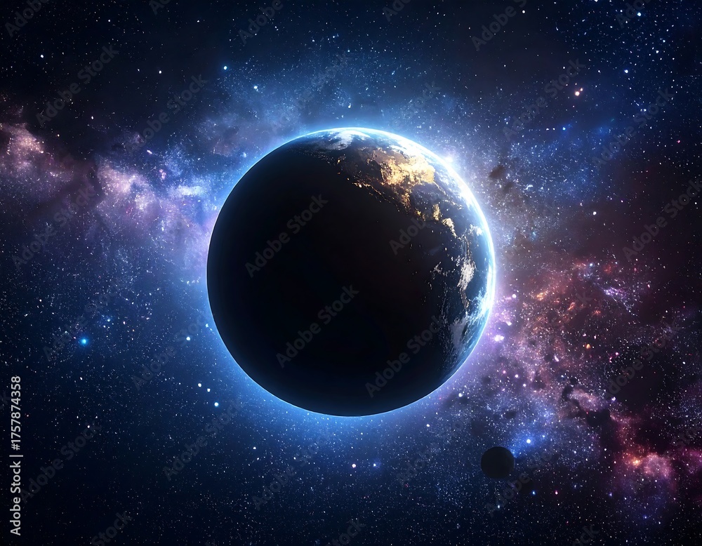 Obraz premium A distant view of a glowing, dark world in a vibrant, starry cosmos