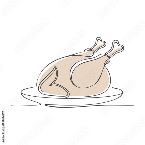 Minimalist continuous line art illustration of a whole roasted chicken on a serving platter