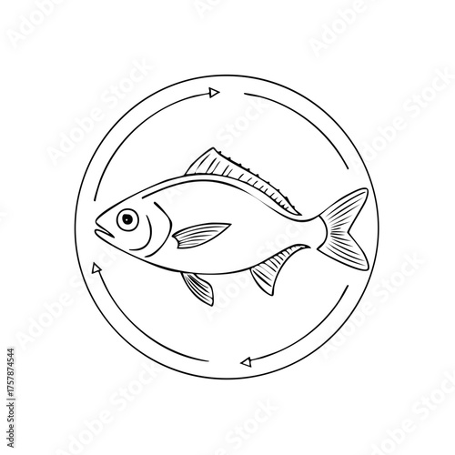 Sustainable fishing logo with fish in a circular arrow symbol line art vector icon