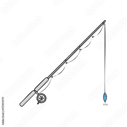 Fishing rod illustration showing blue lure hanging on line ready to cast into water