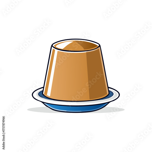 Traditional sweet flan dessert with caramel topping on a blue plate illustration