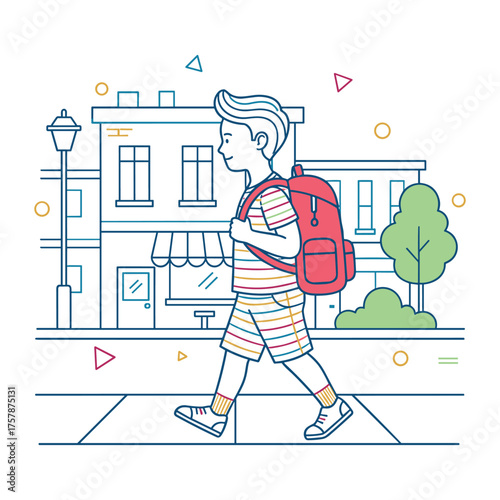 Boy walking to school with backpack, minimal colorful line drawing
