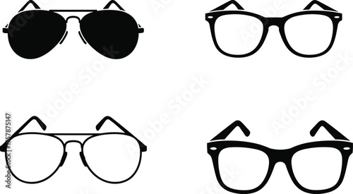 Eyeglasses silhouette icons, aviator glasses vector, wayfarer eyewear illustration, fashion accessory design, retro and modern glasses styles, optical frame artwork