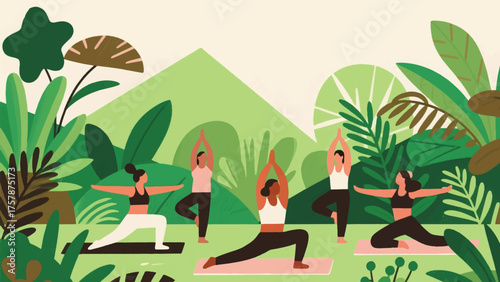 illustration of group of people practicing yoga outdoors in a botanical garden, surrounded by exotic plants.eps