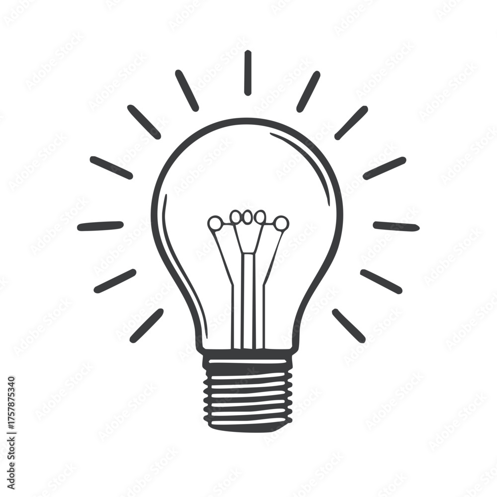 Fototapeta premium Hand drawn lightbulb glowing with radiating lines symbolizing a bright new idea or innovation