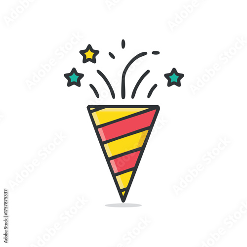 Cartoon party popper icon with stars and confetti festive celebration vector graphic