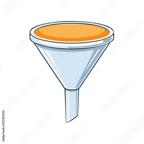 Graphic funnel with orange liquid inside for pouring filtering and processing concepts
