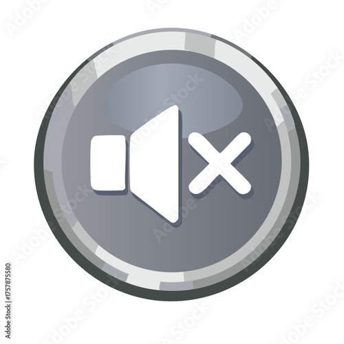 Shiny Mute Button Icon for Sound Off or Volume Control with a Gray Circle Frame