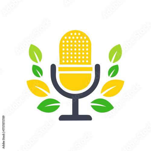 Podcast Microphone surrounded by Green and Yellow Leaves for Audio Broadcasting