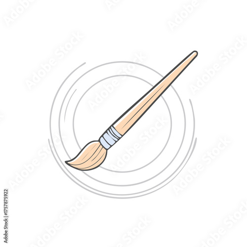 Cartoon artist paintbrush with a wooden handle and soft bristles in front of swirling grey lines