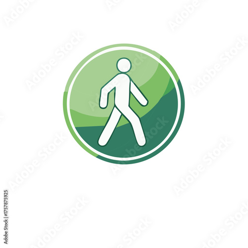 Walking sign icon in a green and white circle. Pedestrian crossing symbol.