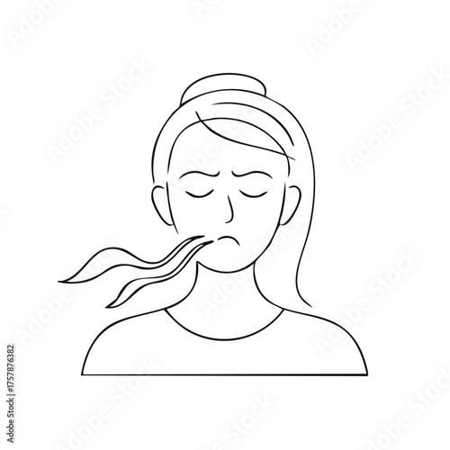 Female character illustration exhaling breath or fume lines with closed eyes and sad face