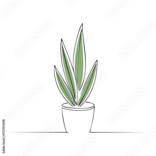 Minimalist Potted Plant Continuous Line Drawing: Green Leaves, Modern Home Decor, Design Element