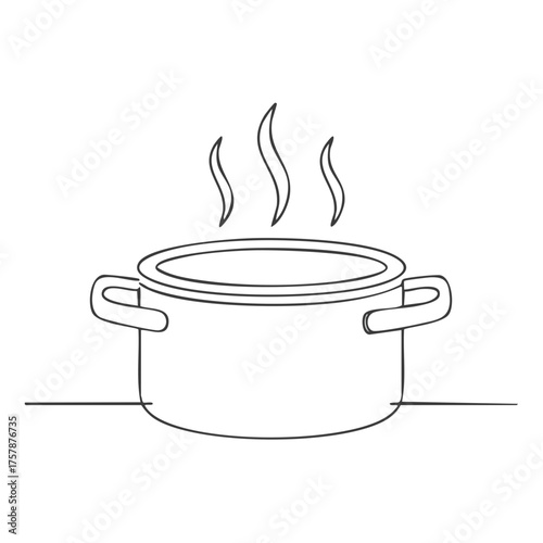 Steaming pot illustration with handles showcases cooking and meal preparation, food concept in line art