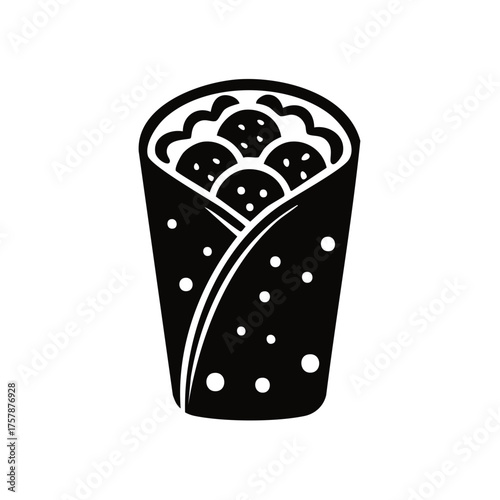 Stylized black and white icon of a stuffed burrito with visible filling