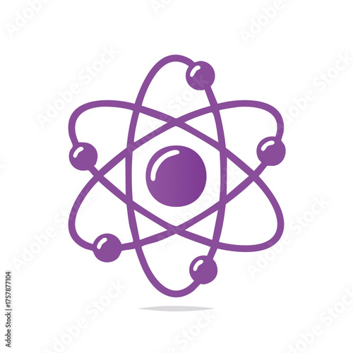 Purple Atom Model with Electrons Orbiting Nucleus, Science Concept Icon