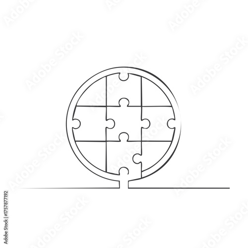 Continuous line drawing of a round jigsaw puzzle concept for global solutions and connection