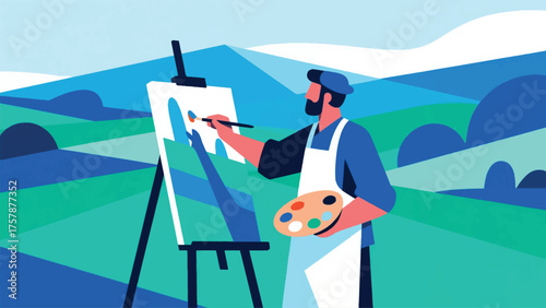 Illustration Of Artist Painting A Landscape And A Scenic View Vector Design Template
