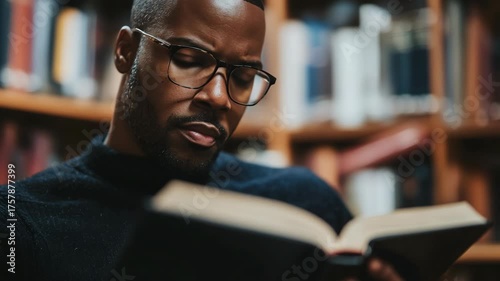 Focused Black Man with Glasses Reading a Book in a Library