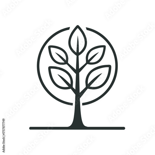 Graphic minimalist tree illustration with leaf branches inside a partial circular frame emblem.