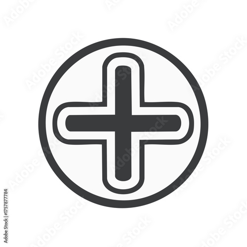 Modern black plus sign symbol with rounded edges in a circular frame vector graphic