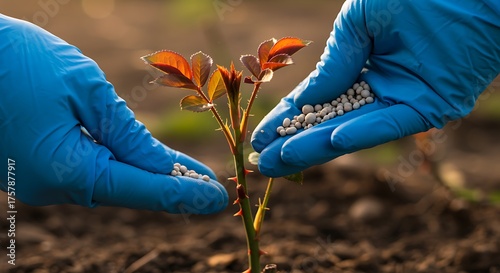 Fototapeta Naklejka Na Ścianę i Meble -  Hands in blue gloves adding fertilizer pellets to young plant gardening plant care