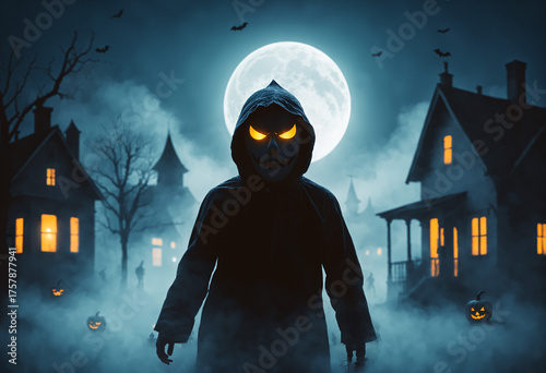 hooded figure with glowing ...