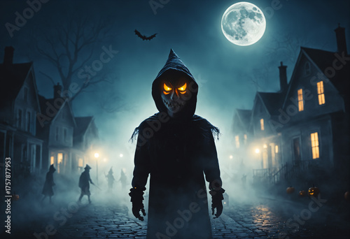 sinister figure in hood wit...