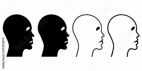 Four stylized human head silhouettes in profile two solid black and two outline showing different expressions