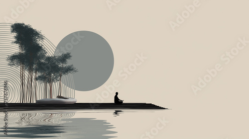 Silhouette of a person meditating by the water with trees and a large moon in the background