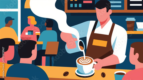 Illustration Of Barista Skillfully Making Latte Art For Customers At A Bustling Coffee Shop, With Steam And Coffee Beans Vector Design Template