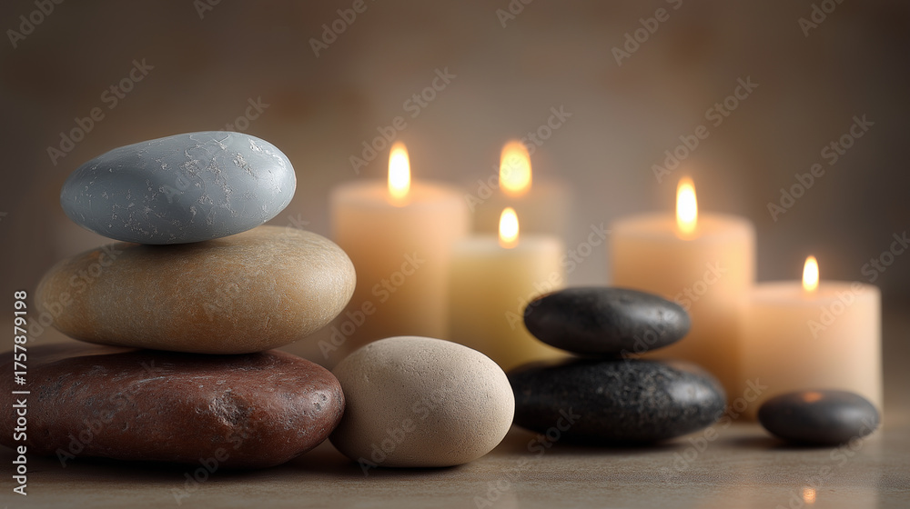 Fototapeta premium Zen stones stacked with lit candles in the background creating a tranquil and relaxing spa atmosphere